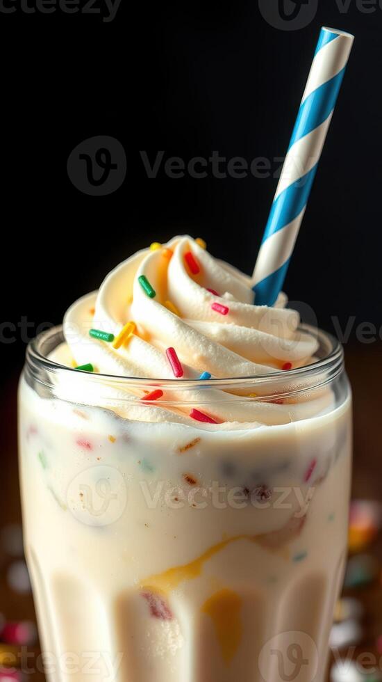 Creamy milkshake topped with colorful sprinkles and a striped straw served in a clear glass photo