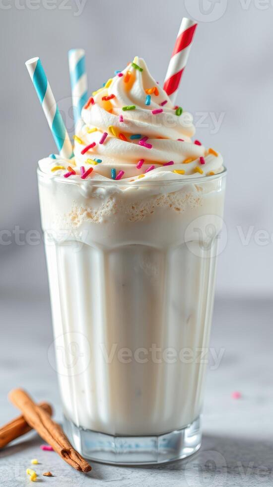 Delicious milkshake topped with whipped cream and colorful sprinkles in a clear glass photo