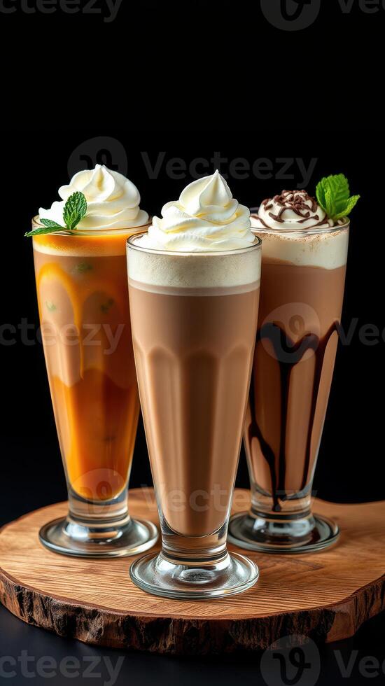 Indulgent dessert drinks displayed on a wooden platter with whipped cream and mint garnish photo