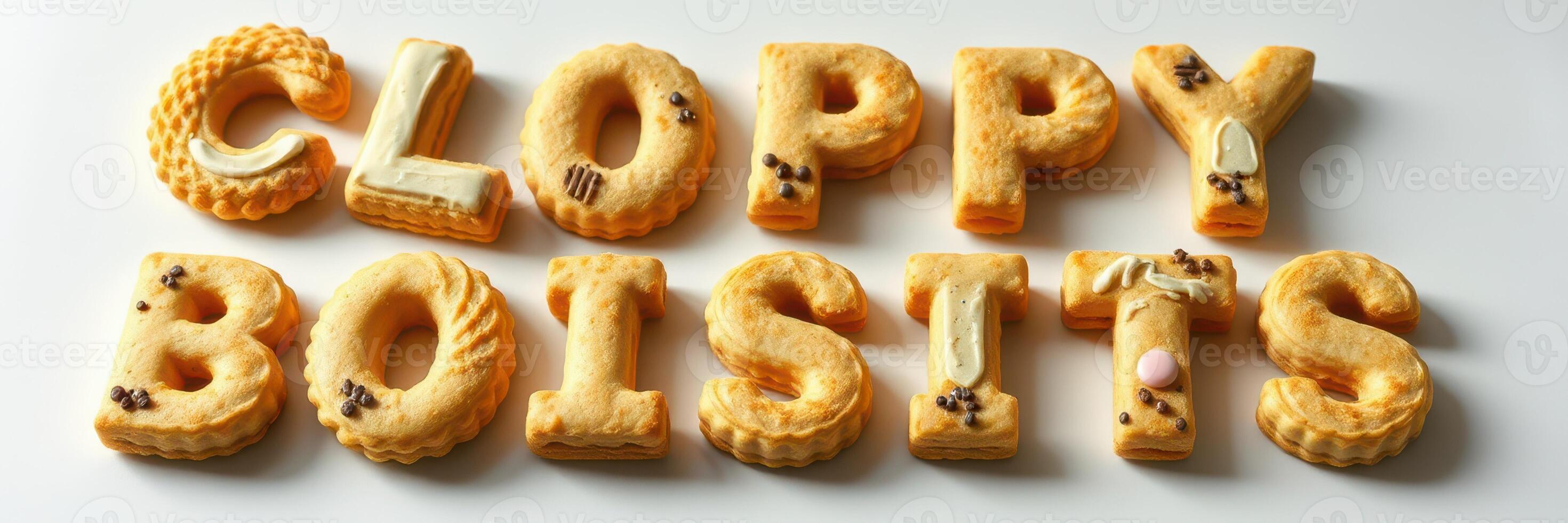 Creative baked goods spelled out in unique letter-shaped cookies arranged on a white surface photo