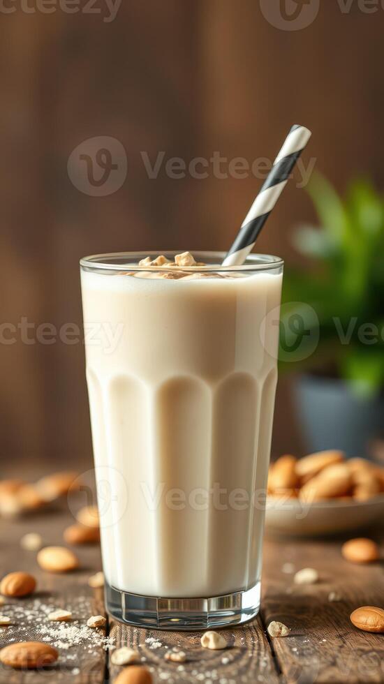 Creamy almond milkshake served in a tall glass with a striped straw and garnished with nuts on a rustic wooden table photo