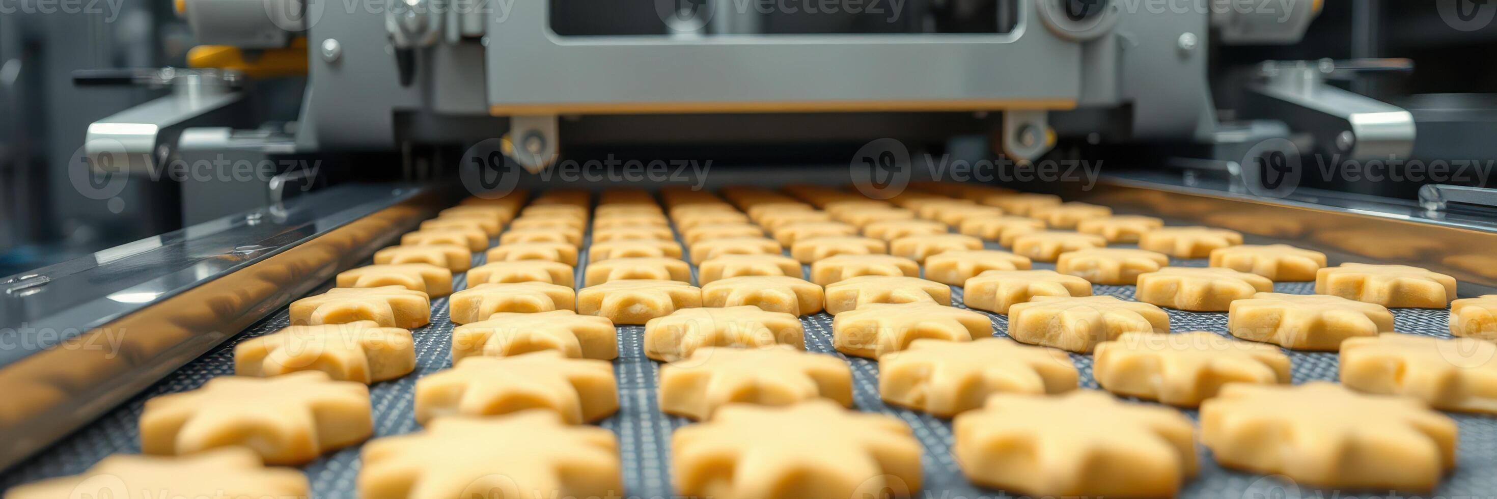 Line of freshly baked cookies being processed on the conveyor belt in a modern bakery facility photo