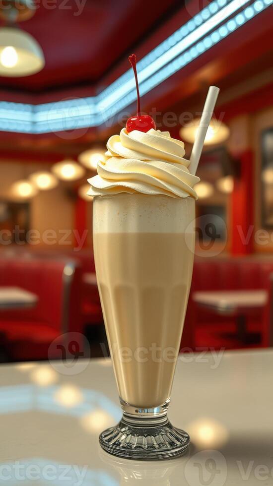 Delicious milkshake topped with whipped cream and a cherry in a classic diner setting during the afternoon photo