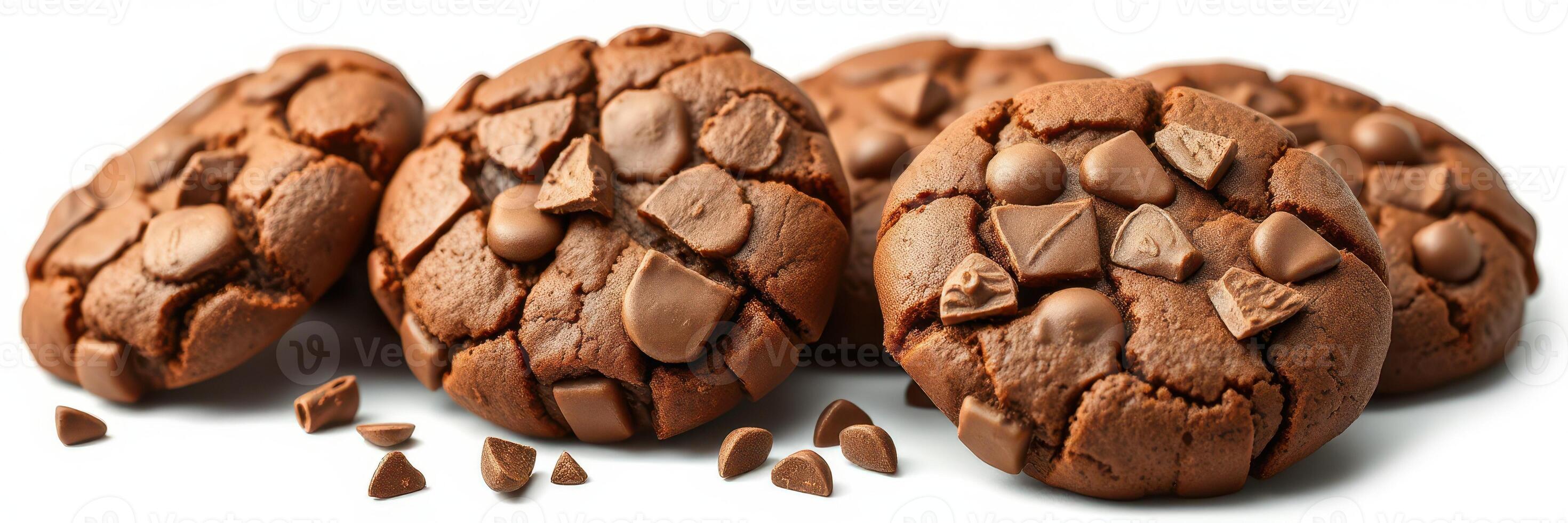 Delicious chocolate cookies arranged on a white surface showcasing rich textures and chocolate chips during a baking session photo