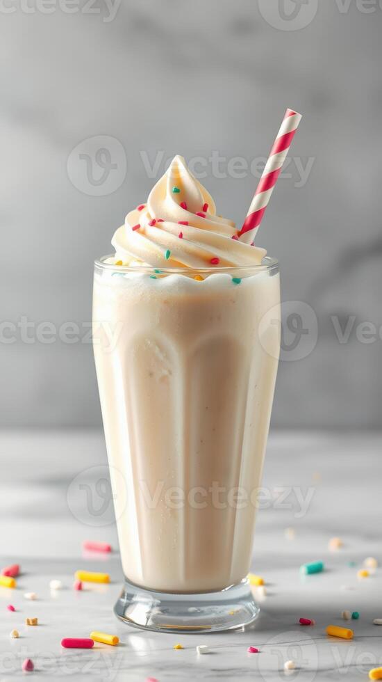 Delicious creamy milkshake topped with whipped cream and colorful sprinkles served in a tall glass photo
