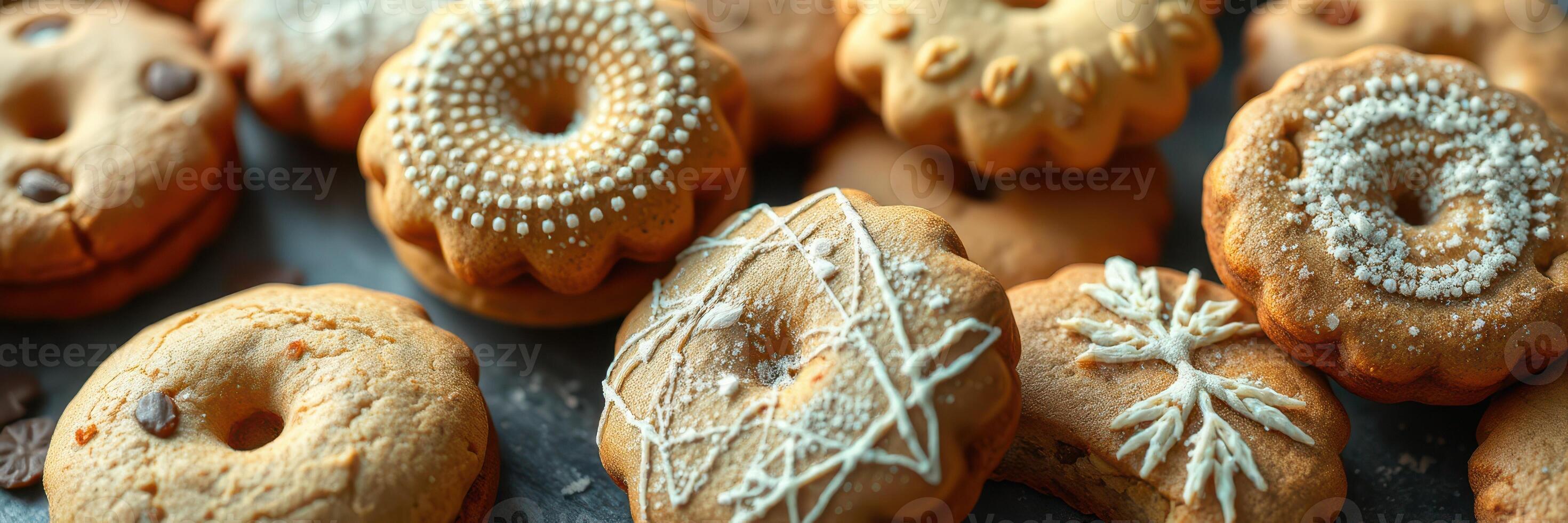 Homemade cookies displayed on a table, showcasing various decorative patterns and flavors for a delightful treat photo