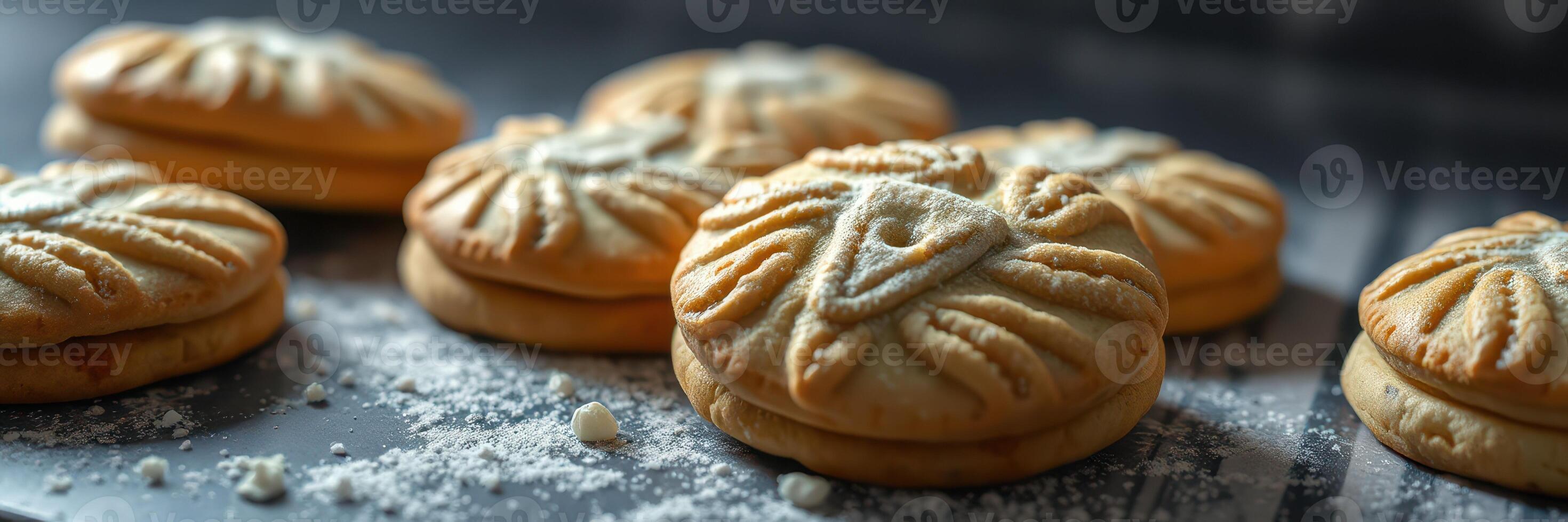 Freshly baked cookies decorated with powdered sugar on a cooling rack in a cozy kitchen photo