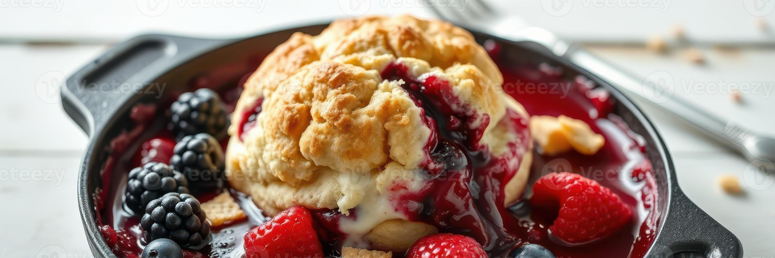 Sweet dessert featuring a warm biscuit topped with mixed berries in a cast-iron skillet photo