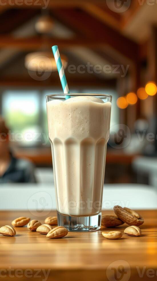 Creamy nut beverage served in tall glass with striped straw and nuts on wooden table in cozy setting photo