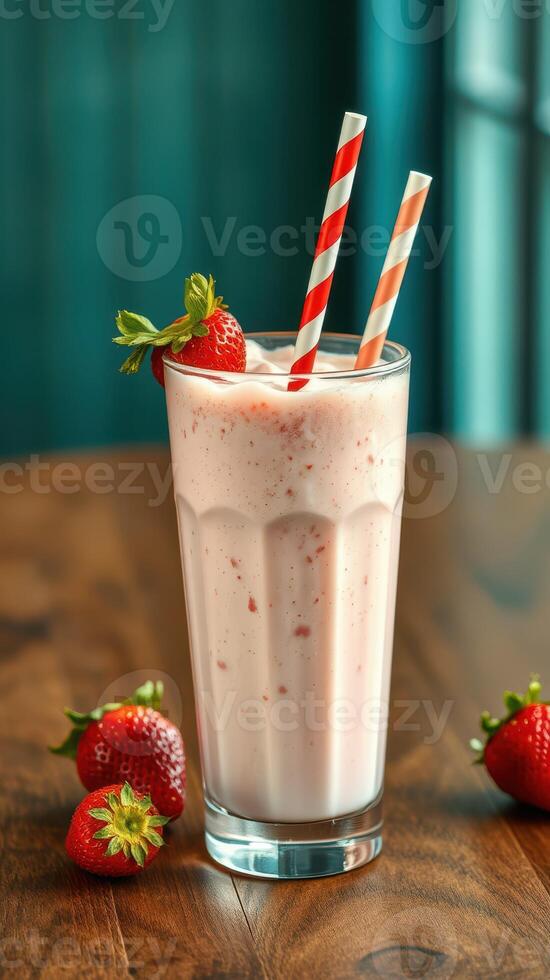 Refreshing strawberry milkshake served in a tall glass with striped straws and fresh strawberries on a wooden table photo