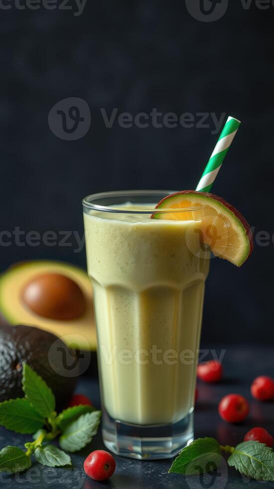 Refreshing avocado smoothie garnished with lime and mint on a dark background photo