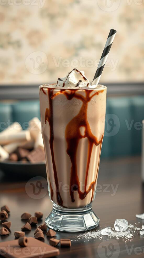 Delicious chocolate milkshake topped with whipped cream and a chocolate drizzle in a cozy cafe setting photo