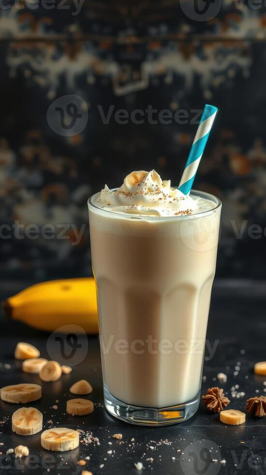 Delicious banana smoothie topped with whipped cream and nuts served in a tall glass against a dark background photo
