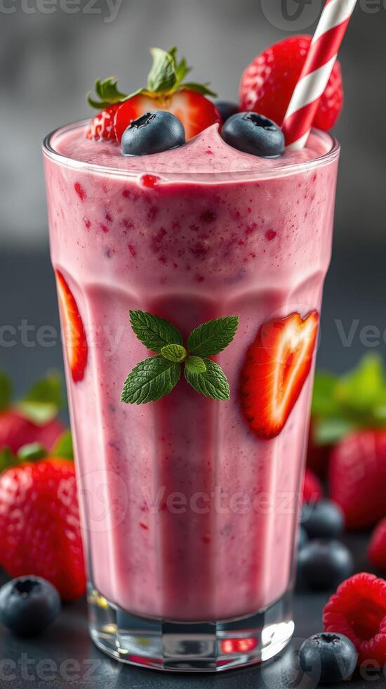 Refreshing berry smoothie with strawberries and blueberries garnished with mint leaves in a tall glass photo