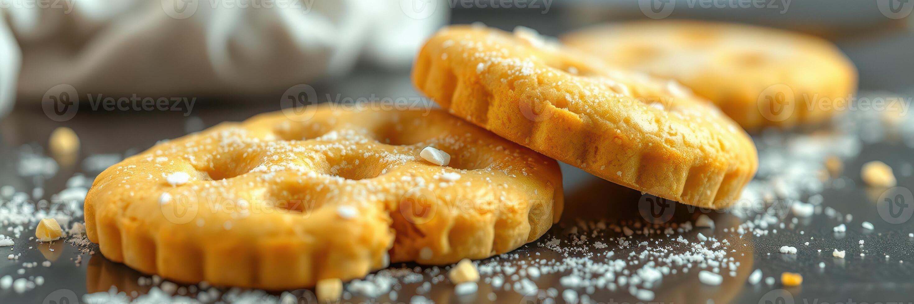 Delicious homemade cookies arranged on a dark countertop with a sprinkle of sugar and nuts adding texture and flavor photo