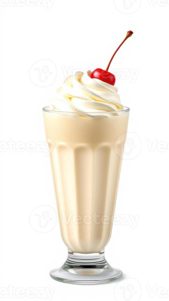 Creamy vanilla milkshake topped with whipped cream and a cherry served in a tall glass photo