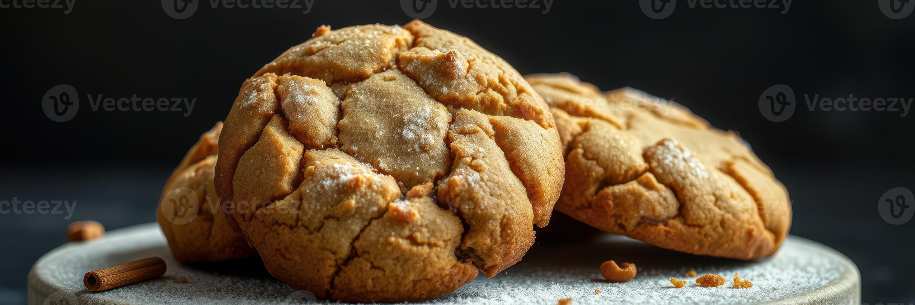 Freshly baked cookies on a wooden plate with a sprinkle of sugar and cinnamon in a cozy kitchen setting photo
