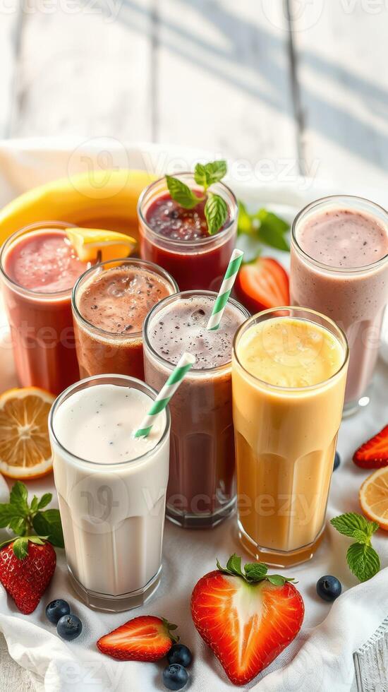 Colorful assortment of fresh fruit smoothies arranged on a table with various fruits and garnishes photo