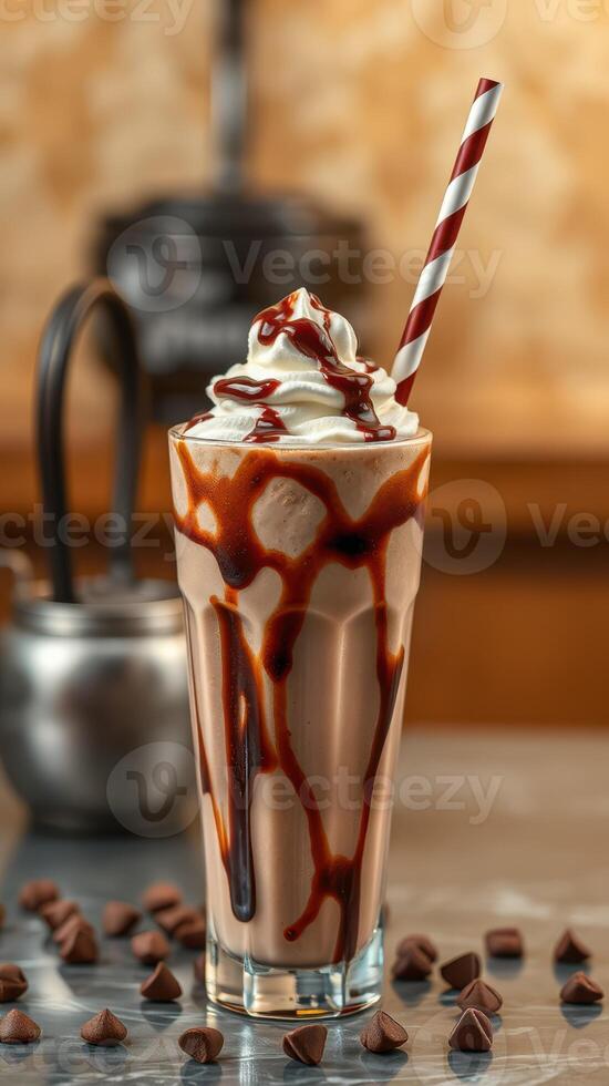 Delicious chocolate milkshake topped with whipped cream and chocolate drizzle in a glass photo