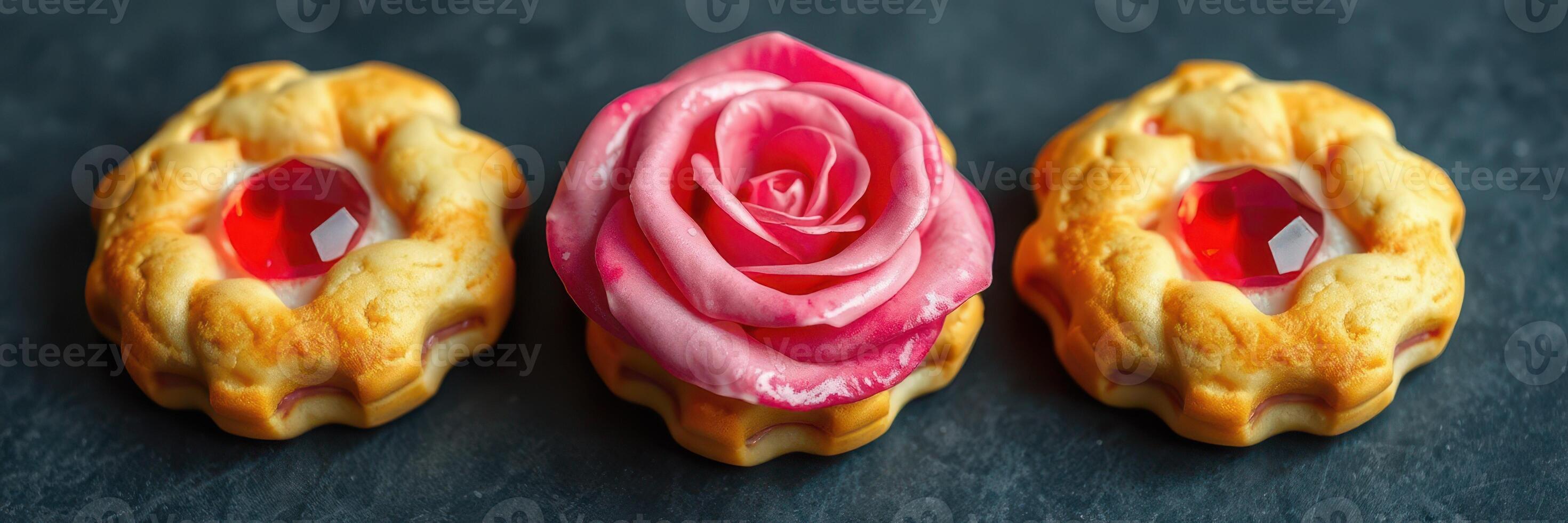 Unique decorative pastries featuring rose designs and colorful gems on a dark surface photo