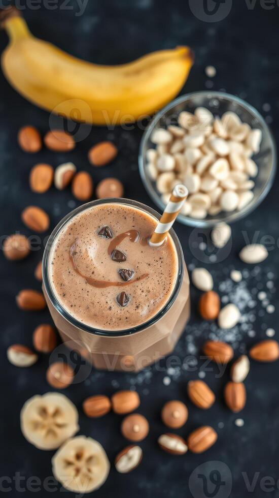 Delicious chocolate banana smoothie with nuts and toppings prepared on a dark countertop photo