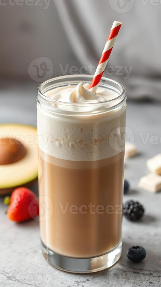 Creamy iced coffee drink with whipped topping and colorful straw in a stylish glass photo