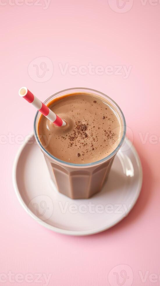 Creamy chocolate drink served in a glass with a colorful straw and plate on a pastel pink surface photo