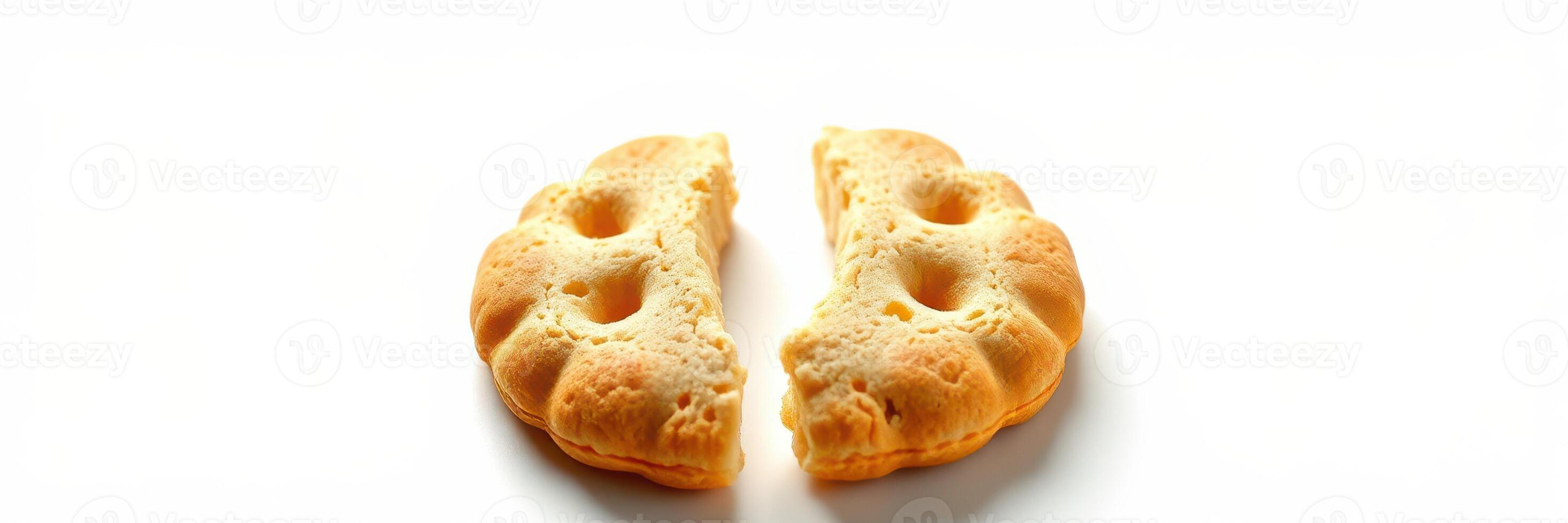 Freshly baked biscuit split in half on a clean white surface showcasing its texture and fluffiness photo