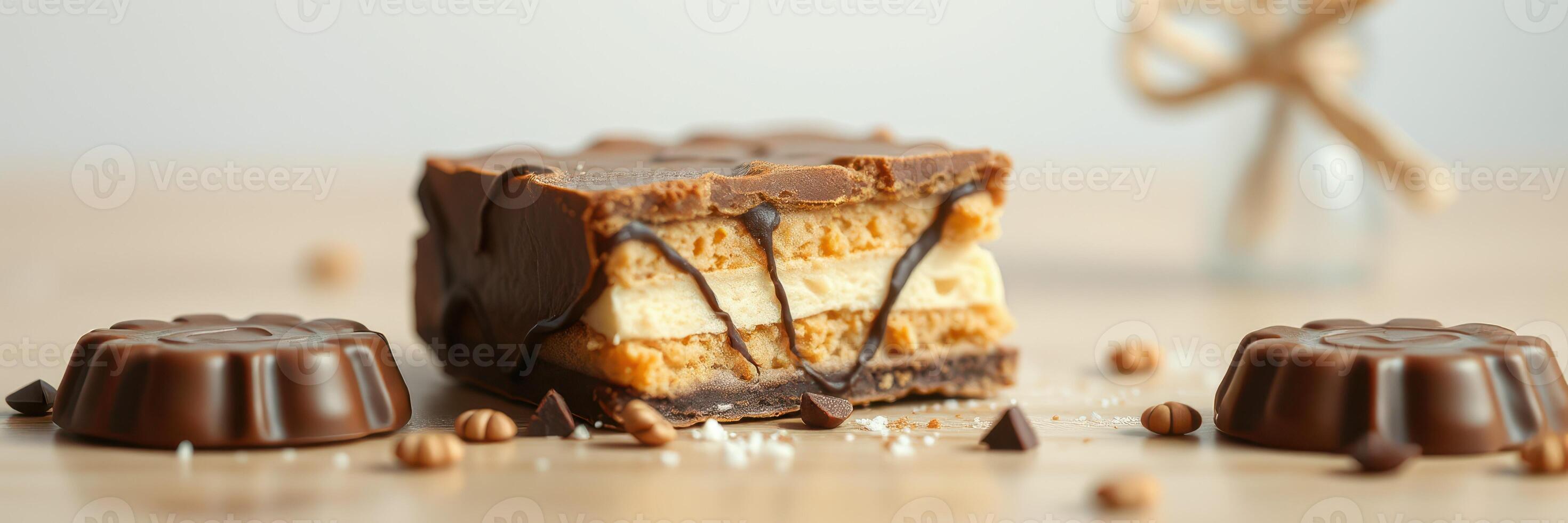 Chocolate dessert bar with layered filling and decorative elements on minimalistic table photo