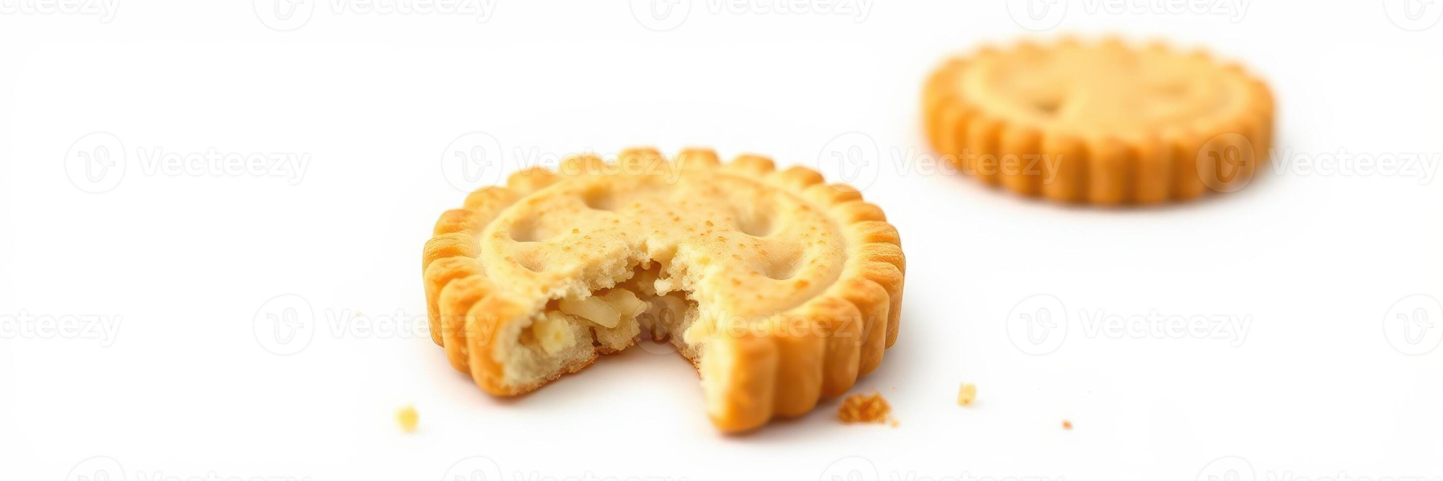 Delicious round cookie with a bite taken out, placed on a white background photo