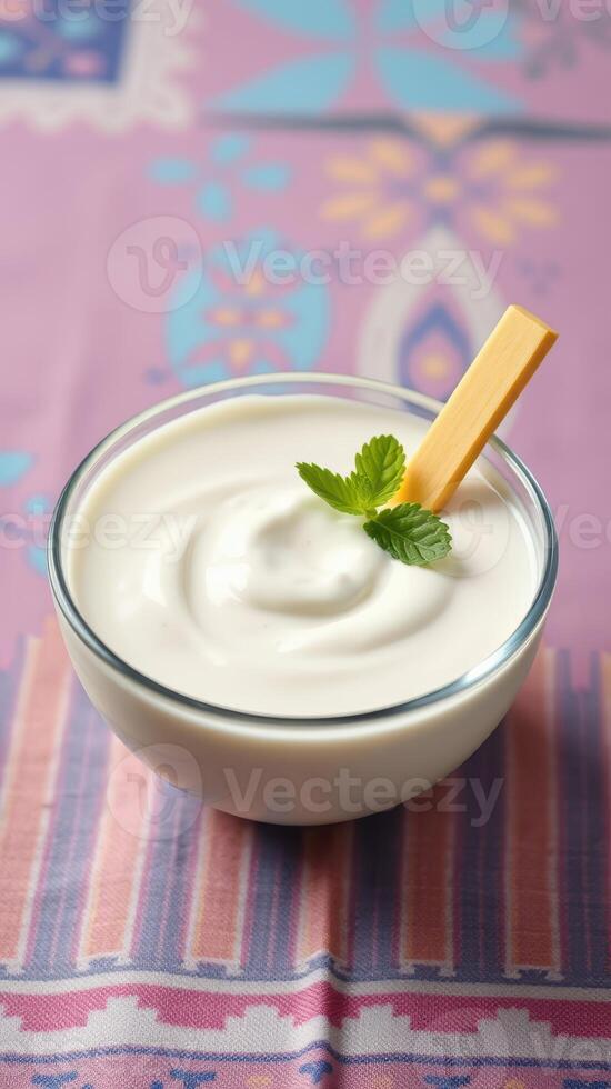 Creamy yogurt served in a glass bowl with a mint leaf and cheese stick on a colorful textile background photo
