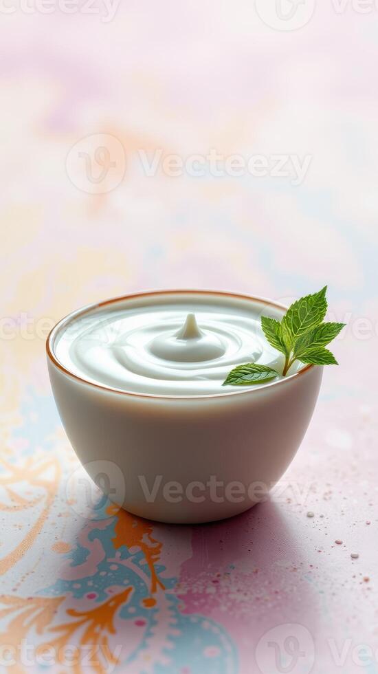 Creamy yogurt served in a bowl with a mint leaf on top, showcasing a smooth texture and fresh garnish photo