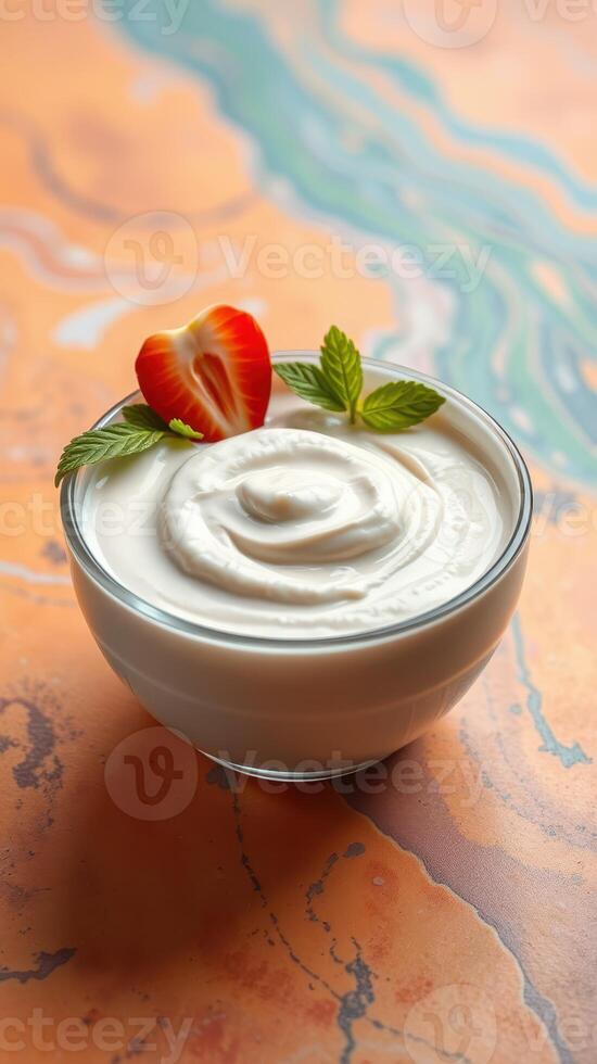 Creamy yogurt topped with fresh strawberry and mint leaves on a colorful surface photo