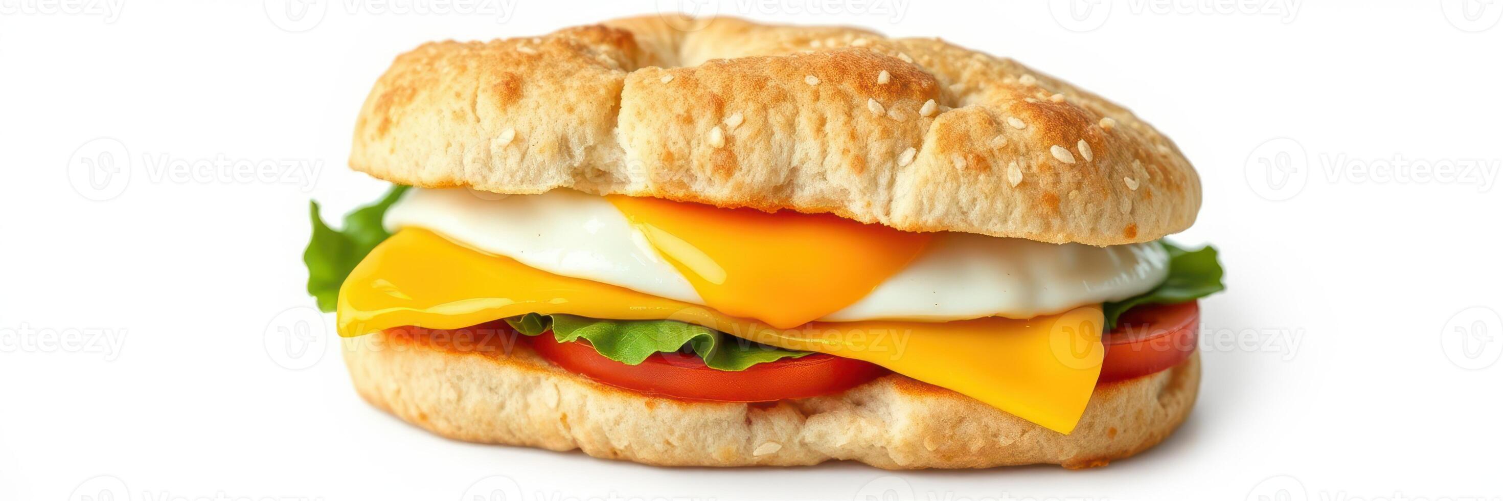 Delicious breakfast sandwich with egg, cheese, lettuce, and tomato on a warm, toasted bun photo