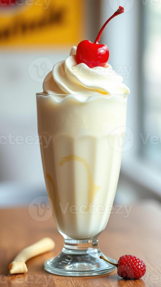 Creamy vanilla milkshake topped with whipped cream and cherry sits on a wooden table in a bright cafe photo