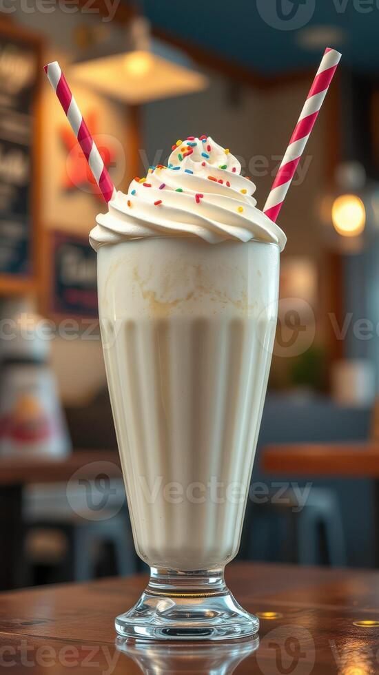 Creamy milkshake topped with whipped cream and colorful sprinkles in a cozy cafe setting photo