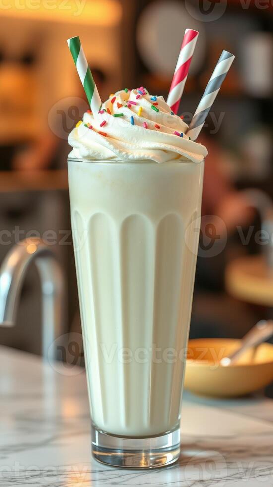Creamy milkshake topped with whipped cream and colorful sprinkles served in a tall glass photo