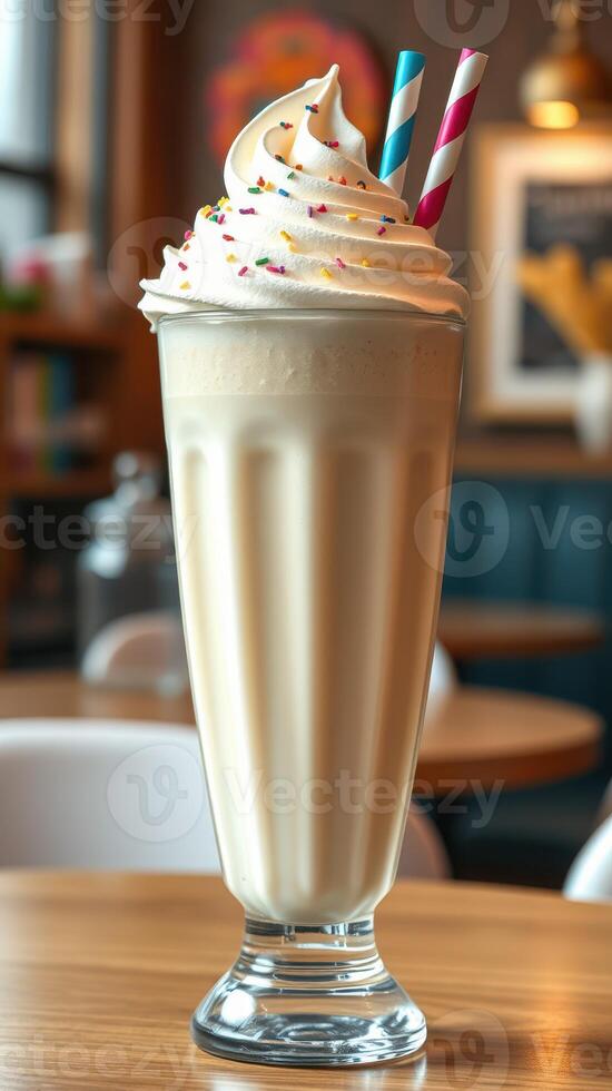 Refreshingly sweet milkshake topped with whipped cream and sprinkles served in a cozy cafe atmosphere photo