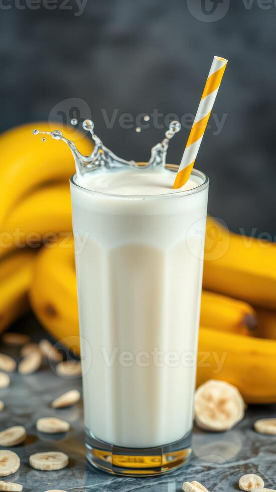 Refreshing banana milkshake with splashes and yellow striped straw on a marble countertop with bananas in the background photo