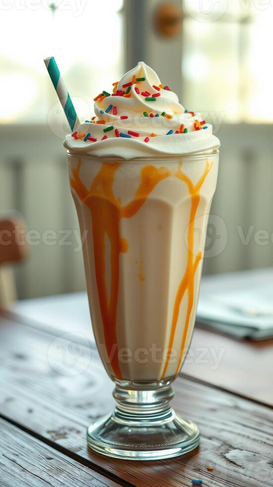 Delicious milkshake topped with whipped cream and colorful sprinkles served in a tall glass photo