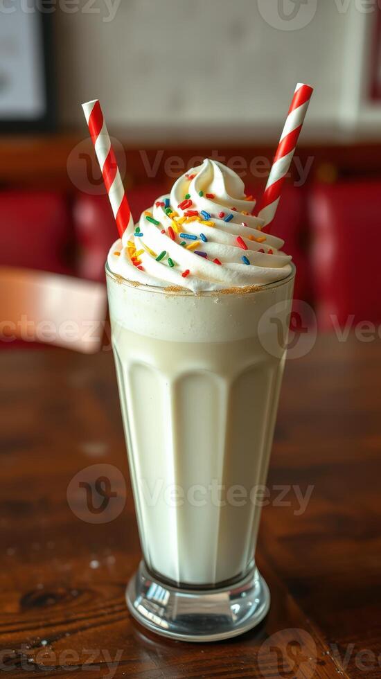 Creamy milkshake topped with colorful sprinkles and two striped straws served in a classic glass photo