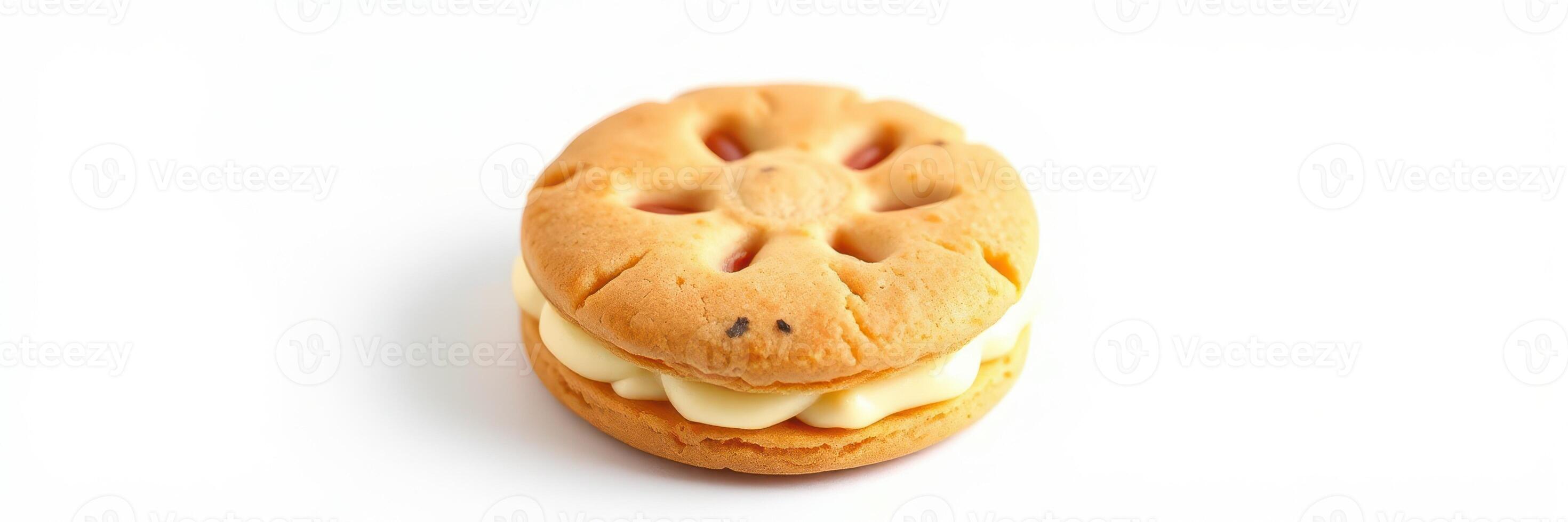 Unique sandwich cookie with cream filling displayed on a plain background photo