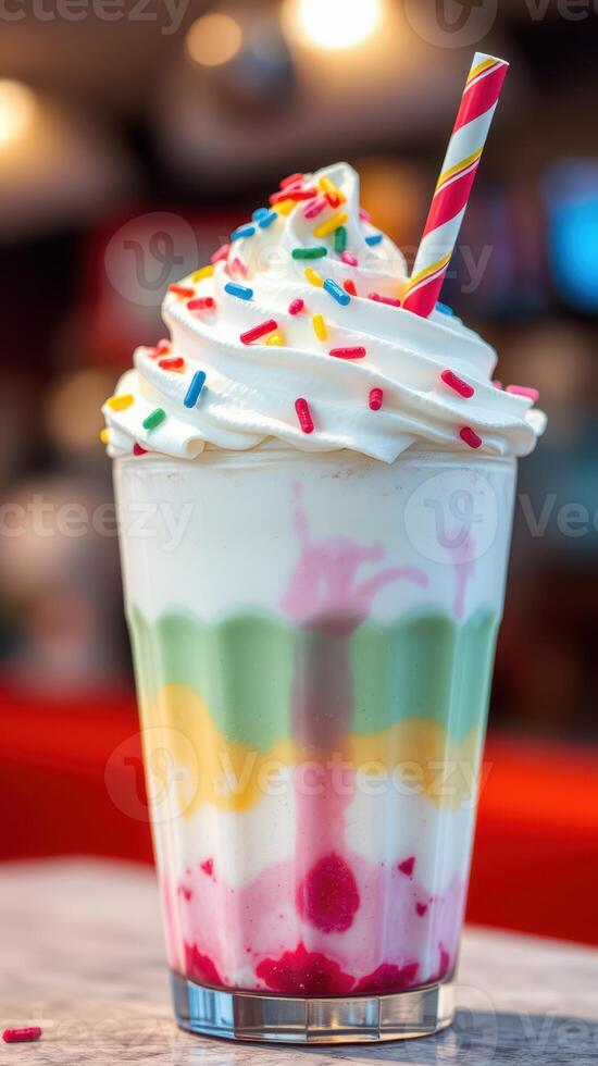 Colorful layered dessert drink topped with whipped cream and sprinkles in a cafe setting photo