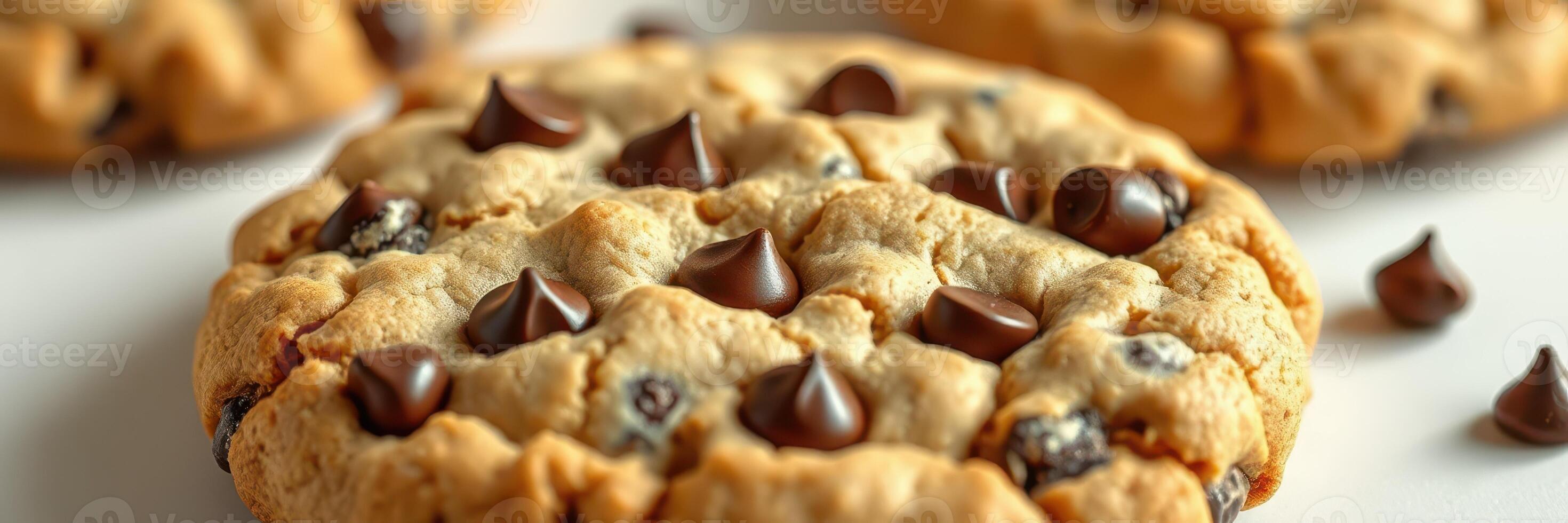 Homemade chocolate chip cookies cooling on a tray with a few scattered chocolate chips nearby photo