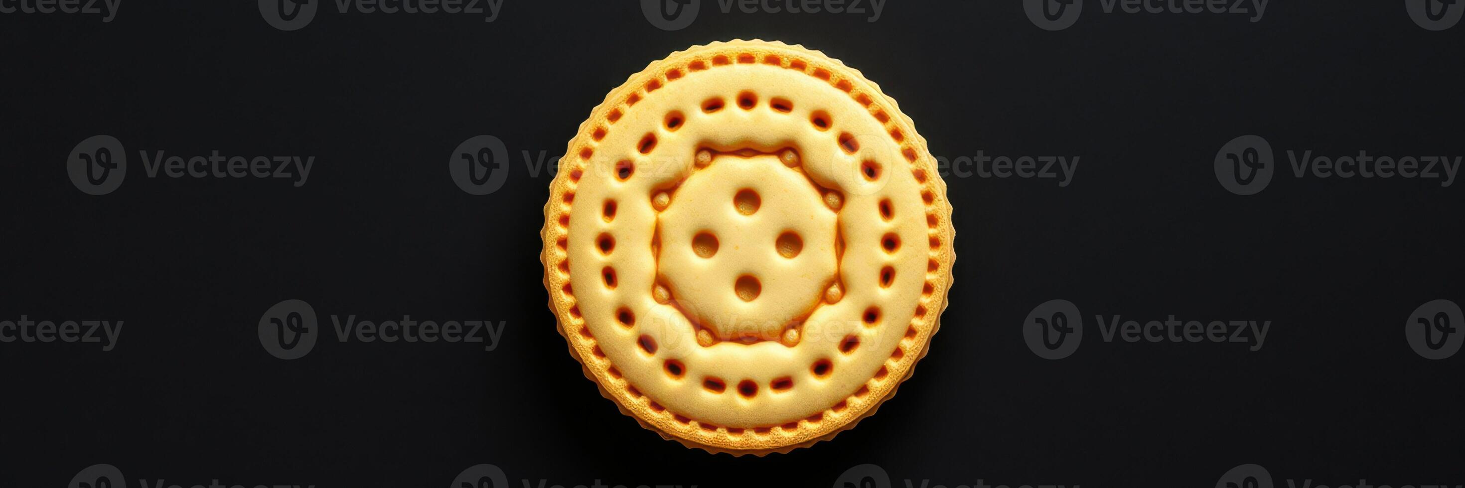 Round golden biscuit with intricate pattern placed on a dark surface in an artistic arrangement photo
