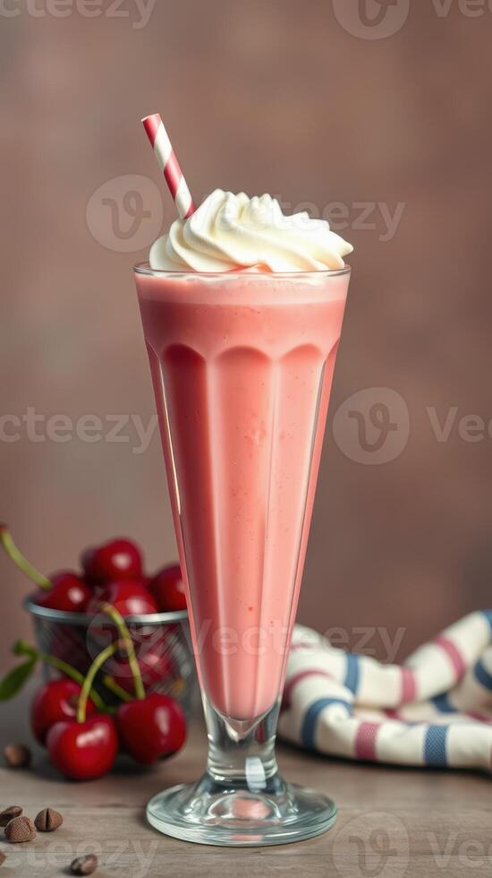Creamy cherry milkshake served in a tall glass with whipped cream and a straw on a wooden table photo