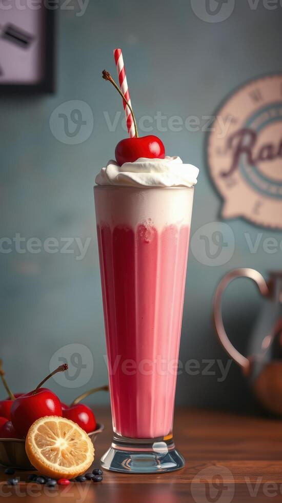 Refreshing cherry milkshake topped with whipped cream and cherry on a wooden table photo