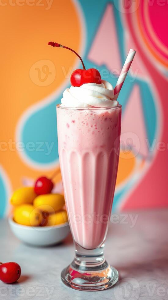 Refreshing pink milkshake topped with whipped cream and cherries in a modern setting photo