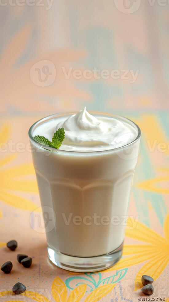 Refreshing creamy drink topped with whipped cream and mint on a vibrant background photo