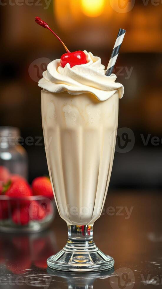 Creamy milkshake topped with whipped cream and cherry served in a glass with a straw at a cozy cafe photo